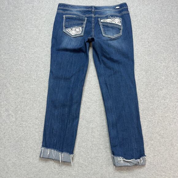 Ariya Jeans Cuffed Pants Women's 15/16 Blue Distressed Denim Lace Detail Raw Hem - Picture 5 of 11